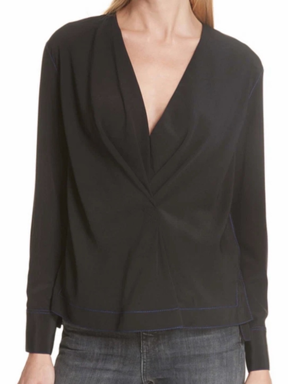 rag & bone Shields Silk Fluid Black Drape Deep V-Neck Long Sleeve Size Medium
